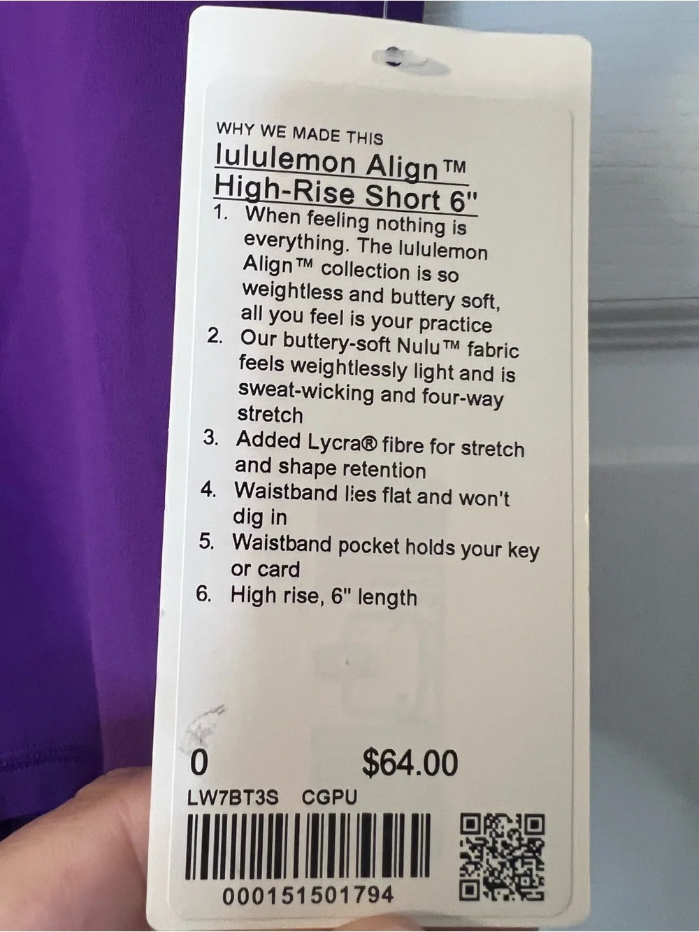 #428 Lululemon Align High-Rise Short 6” College Purple Size 0 NWT